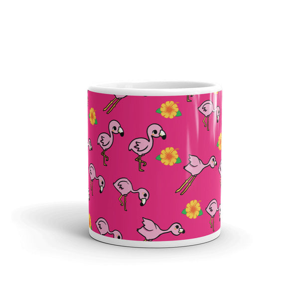 Flamingo and Flower White glossy mug