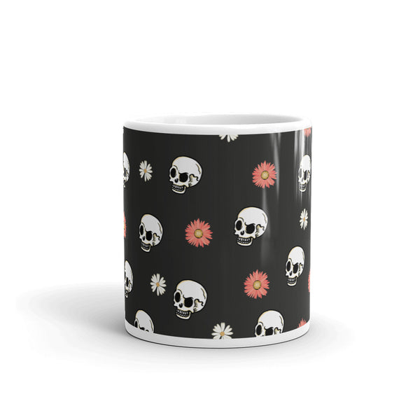 Skull and Flower White glossy mug