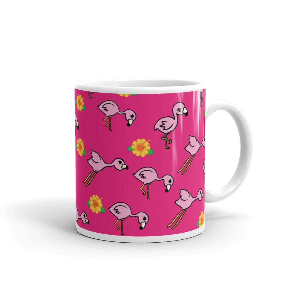 Flamingo and Flower White glossy mug