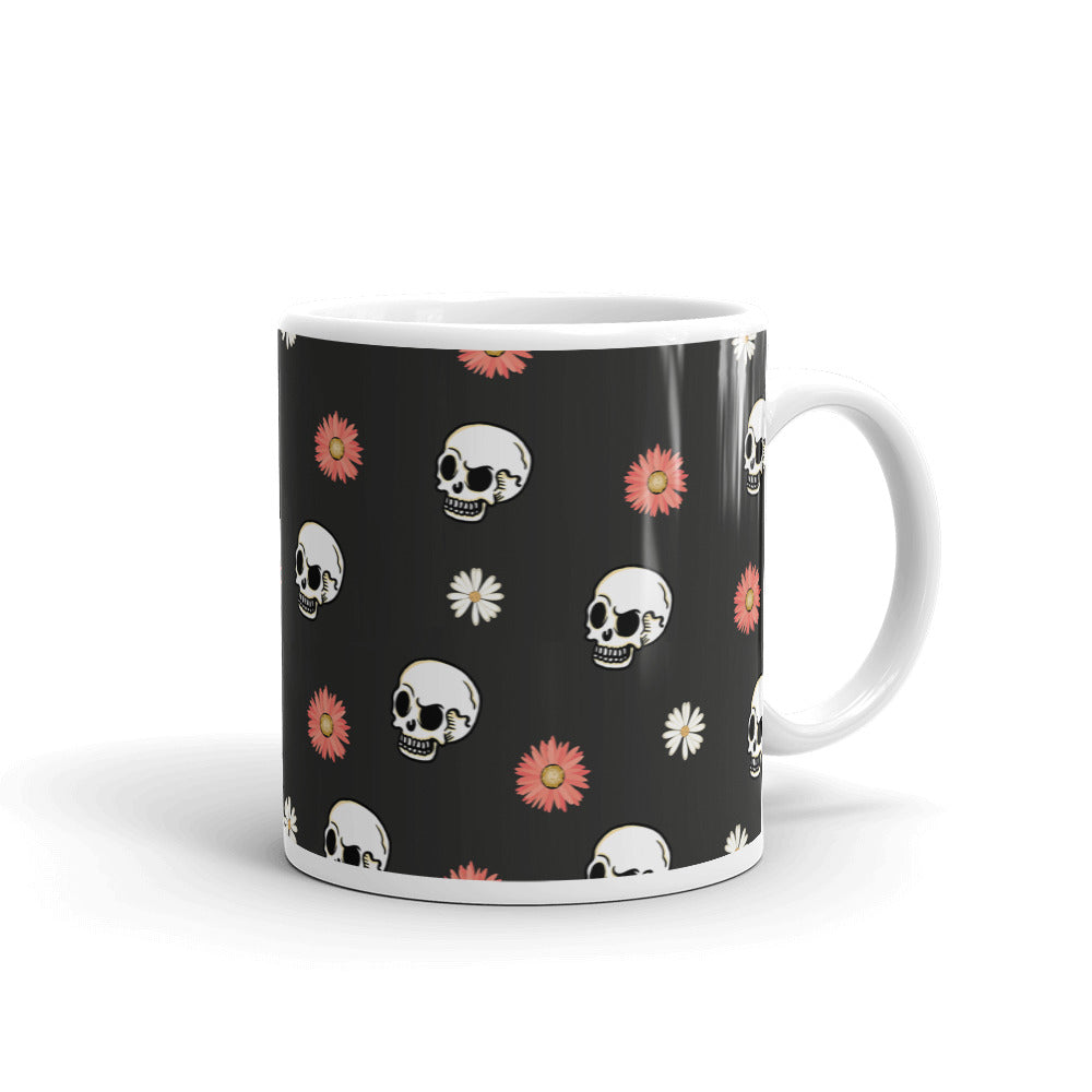 Skull and Flower White glossy mug