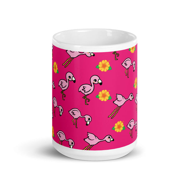 Flamingo and Flower White glossy mug