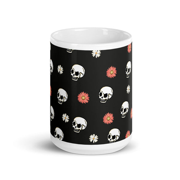 Skull and Flower White glossy mug