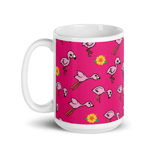 Flamingo and Flower White glossy mug