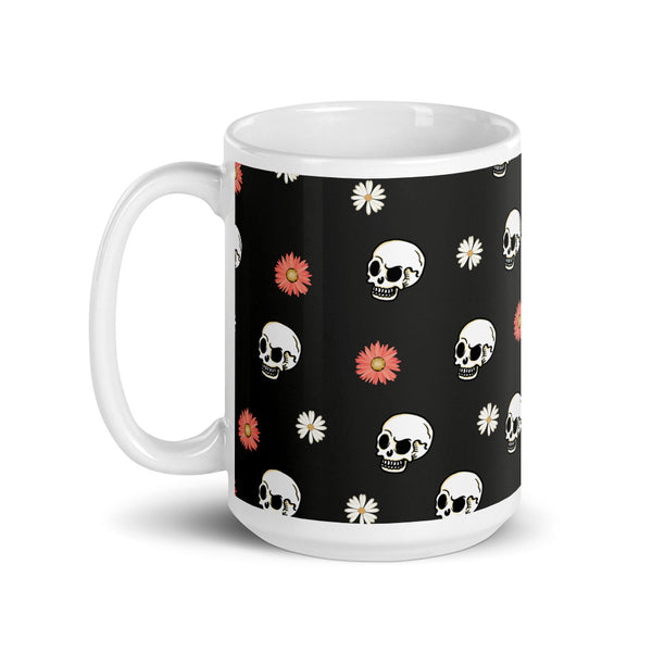 Skull and Flower White glossy mug
