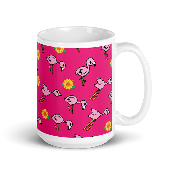 Flamingo and Flower White glossy mug