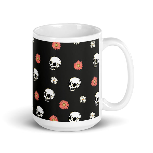 Skull and Flower White glossy mug